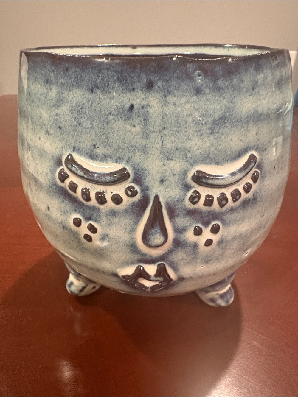 Handmade Blue Ceramic Face Planter - Artistic Home Art